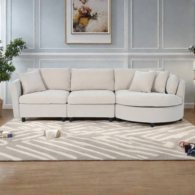 111.4" Polyester Combination Sofa with 3 Pillows, Curved Design and Removable Cushions - Beige