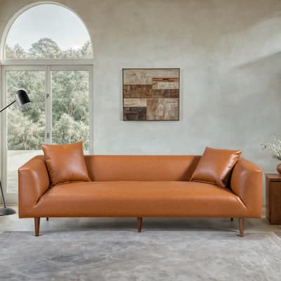 Ritson 87" Wide Mid Century Modern Cognac Leather Curvy Sofa