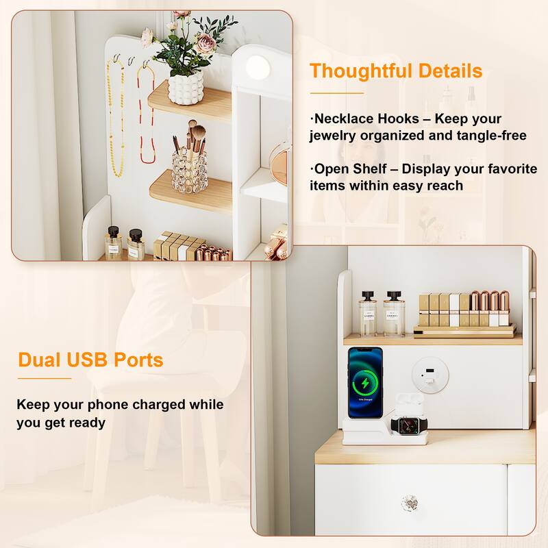 Vanity Desk with Mirror and Lights,Makeup Vanity with 2 USB Power Strip, Vanity Set with Three Drawers and Two Cabinet