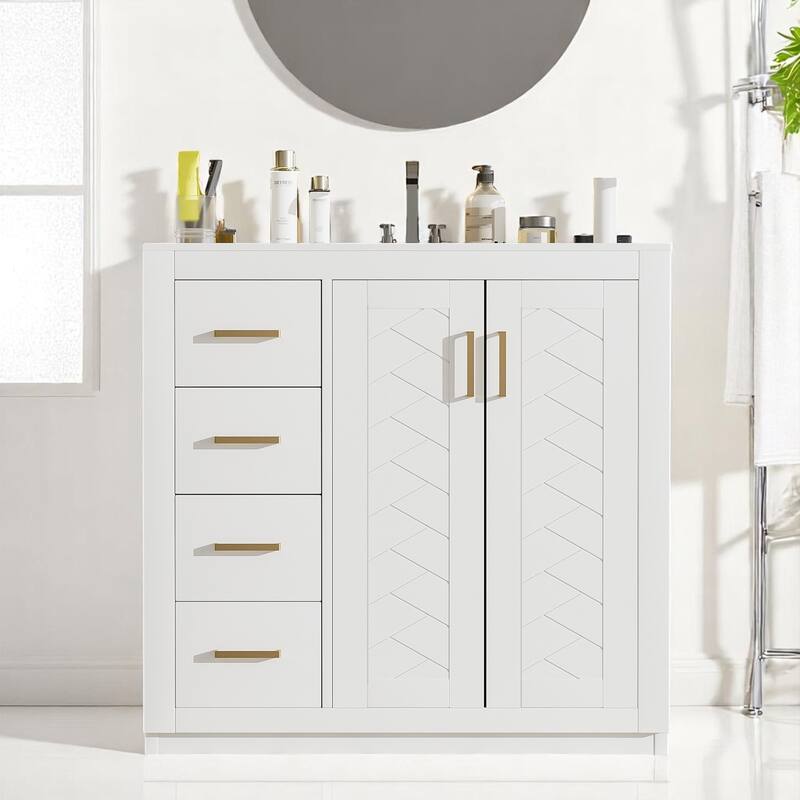 36 Inch Bathroom Vanity with Sink Combo, Modern Storage Cabinet with 3 Drawers, Undermount Ceramic Basin - White