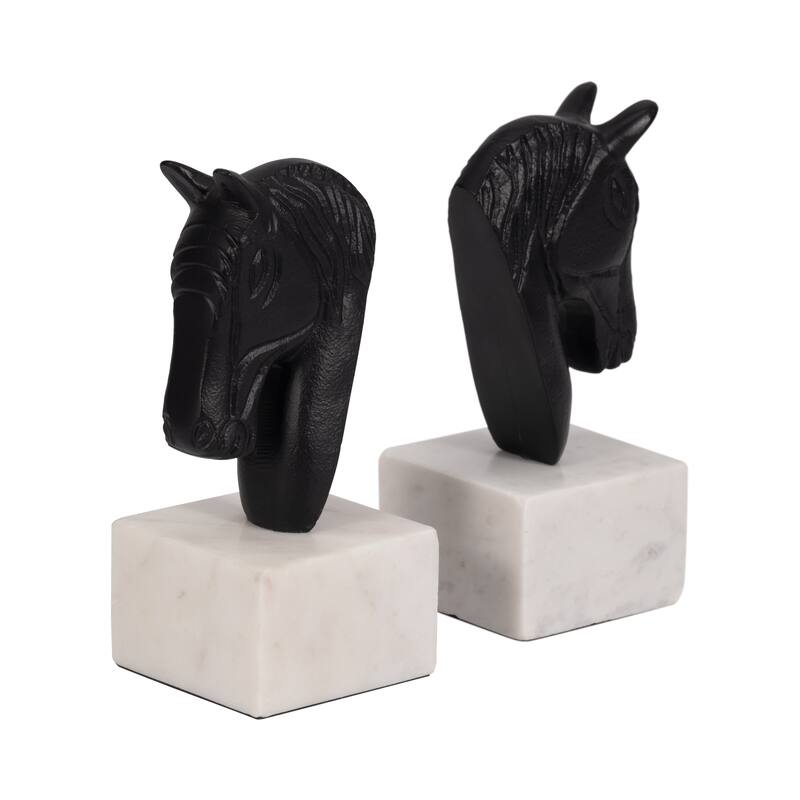 Sagebrook Home Bookends Metal & Marble Sculpted Horse Head Design 3x3x7" Black/White Modern Decor Black White Marble