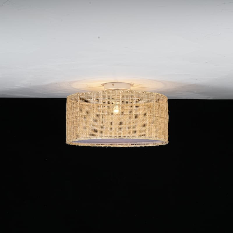 17.7" Boho Coastal Hand-Woven Natural Rattan with Matte White Hardware Semi-Flush Mount Ceiling light for Hallways