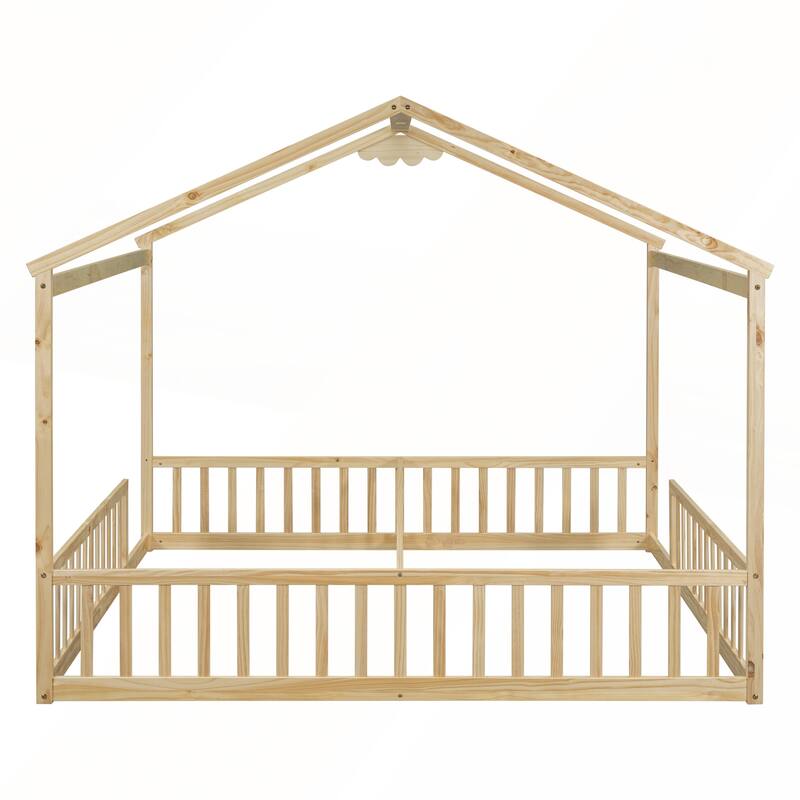 Double Twin House-Style Floor Bed with Fence