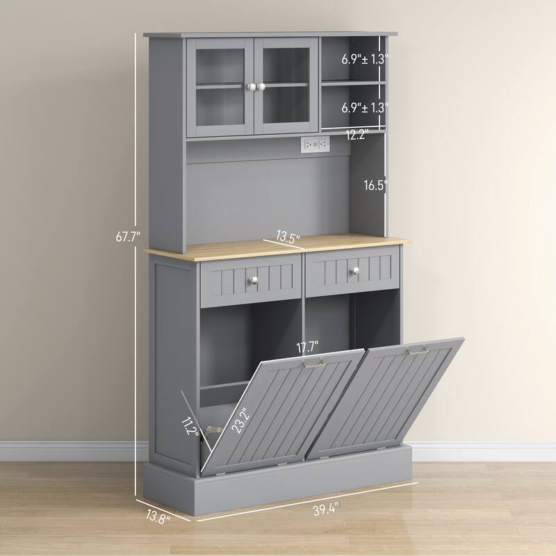 68" Kitchen Pantry Storage Cabinet with Charging Station, 2 Tilt Out Trash Cabinets and Microwave Stand, Freestanding