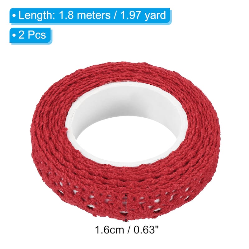 Lace Ribbon Self-Adhesive Lace Tape, 2 Rolls Cotton Masking Sticker - Red - 16mm