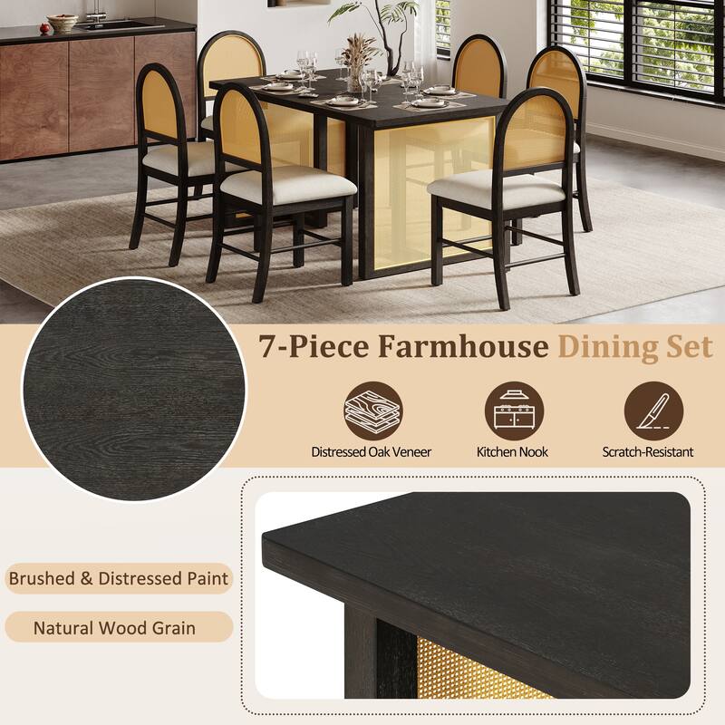 7-Piece Farmhouse Dining Set, 59.8" Distressed Oak Veneer Table with 6 Rattan Chairs, Rustic Dining Room Furniture