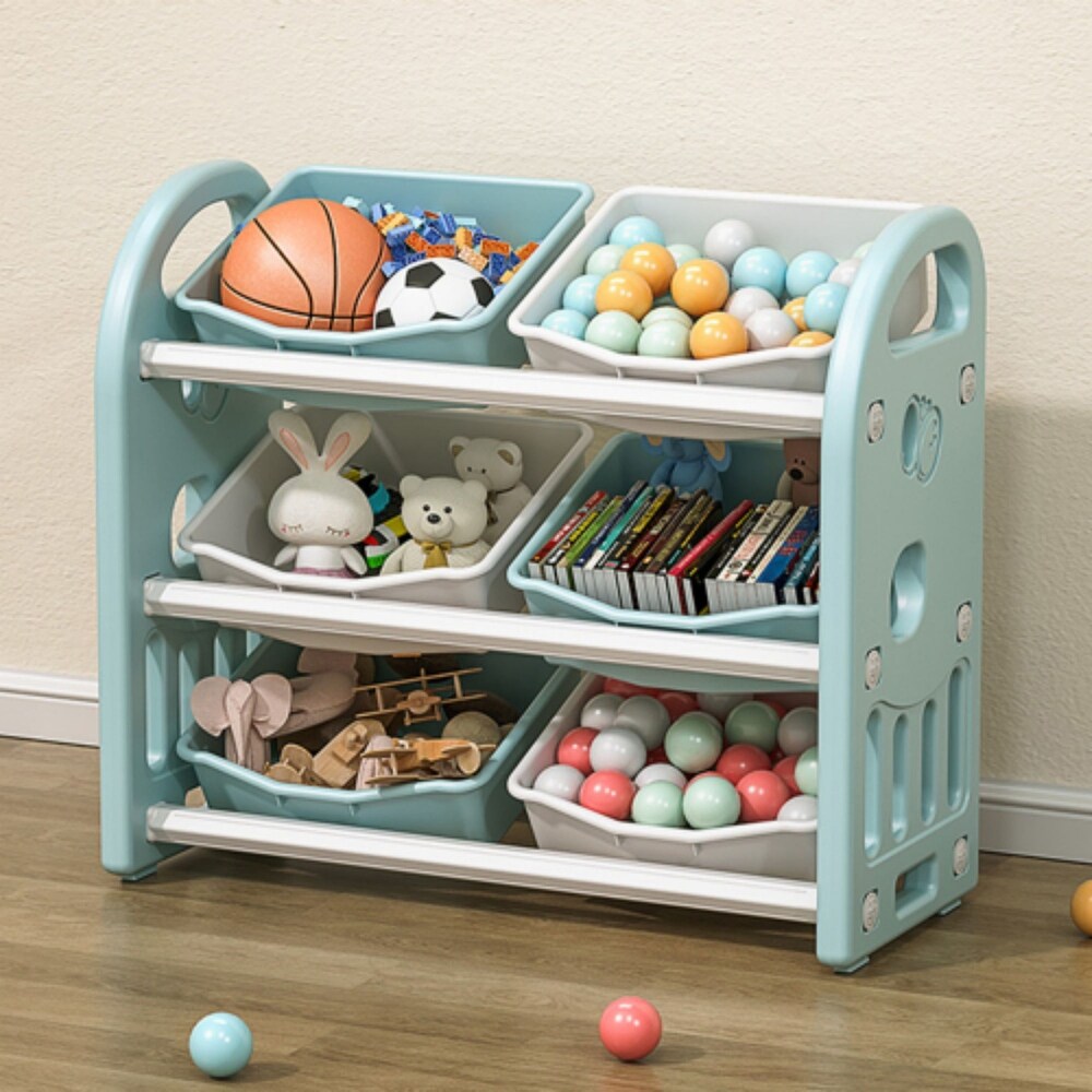 Year Color Toy Storage Organizer with 6 Fabric Storage Bins and Book Display