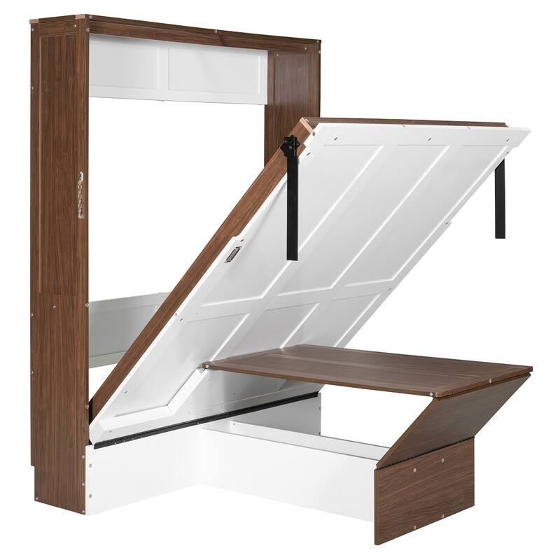 Full Size Wall Bed with Foldable Desk - Space Saving Solution in Walnut & White