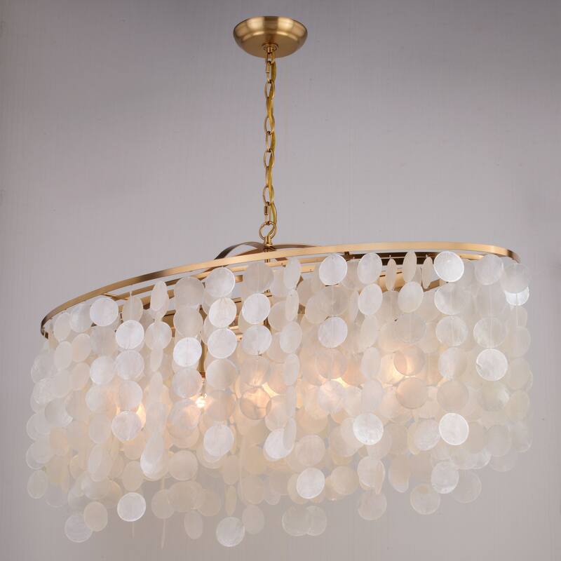 Elsa 5L Coastal Capiz Shell Linear Chandelier Island Pendant Light Fixture - 35.75-in W x 21-in H x 15-in D