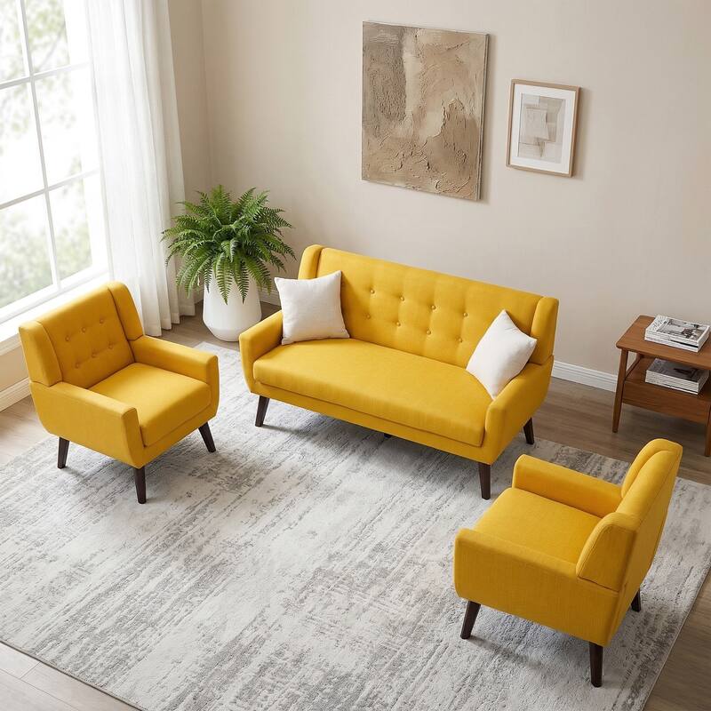 3-Piece Mid-Century Modern Living Room Set with Loveseat and 2 Chairs