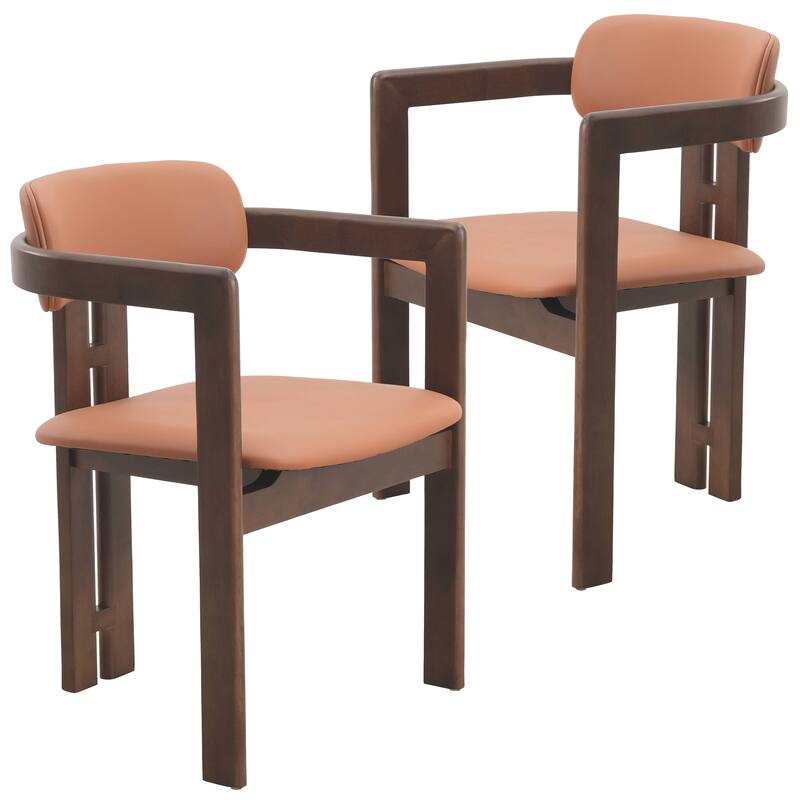 Dining Chairs Upholstered Leather Seats in Rubberwood Set of 2 Arm Chairs Open Back Design - Black Walnut/ Dark Brown