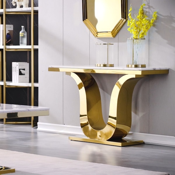 50 inch Luxury Console Table Rectangle Living Room White Sofa Entryway Table with Stainless Steel U Base On Sale Bed Bath Beyond 39286128