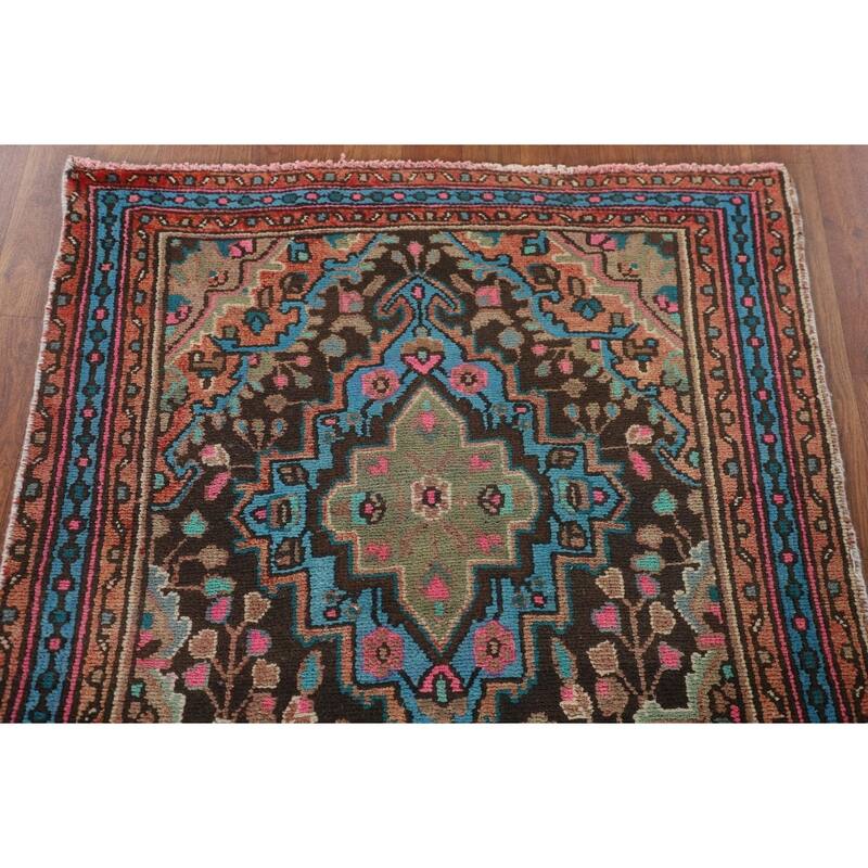 Geometric Hamedan Persian Vintage Runner Rug Handmade Wool Carpet - 3'1"x 10'3"