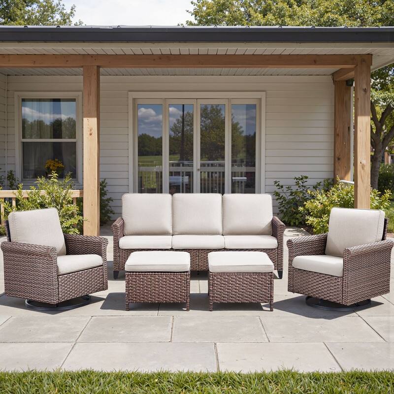 Pocassy Outdoor Sofa Swivel Chairs Patio Chair Funiture Set - 5PCS Sofa Chair w/ Ottoman - Brown Wicker Blue Cushion