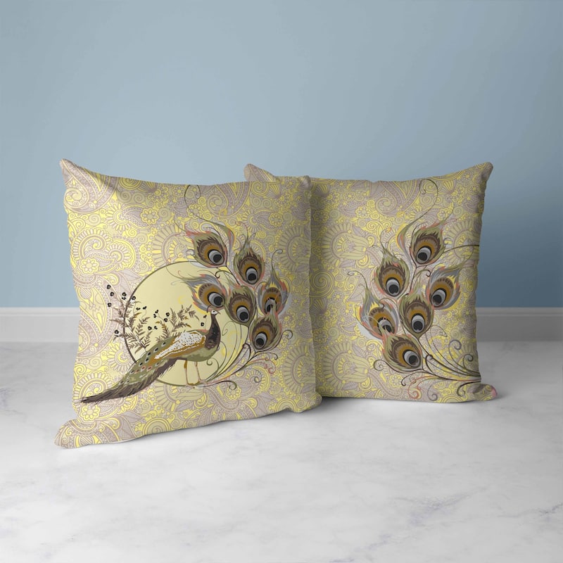 Paisley Peacock Dreams Faux Suede Reversible Throw Pillow Yellow and Cream