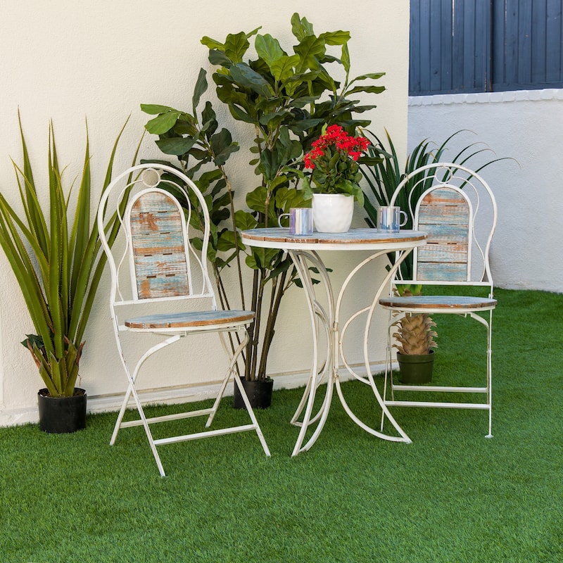 Alpine Corporation Indoor/Outdoor 3-Piece Wood and Metal Bistro Set Table and Folding Chairs Patio Seating