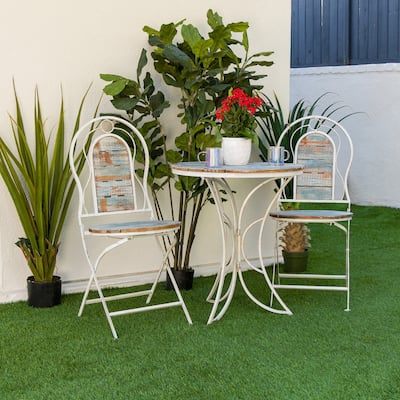 Alpine Corporation Indoor/Outdoor 3-Piece Wood and Metal Bistro Set Table and Folding Chairs Patio Seating