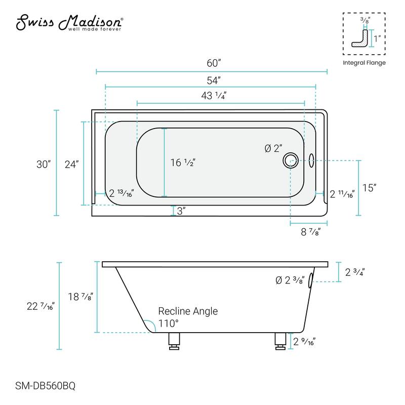 Voltaire 60" X 30" Left-Hand Drain Alcove Bathtub in Bisque