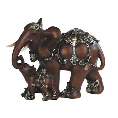 Q-Max 8"H Decorative Wood like Thai Elephant with Baby Statue Feng Shui Decoration Religious Figurine