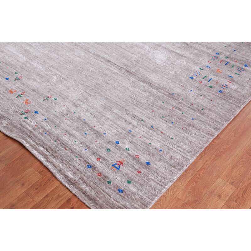 Hand Knotted Oriental Viscose Silk Carpet Tribal Stripe Greys & Charcoal Gabbeh Area Rug - 12' 0'' X 9' 2''