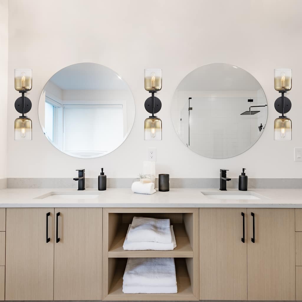 Gatsby 5.25 in. 2-Light Matte Black Wall Sconce Light with Gold Ombre Shades for Bathrooms