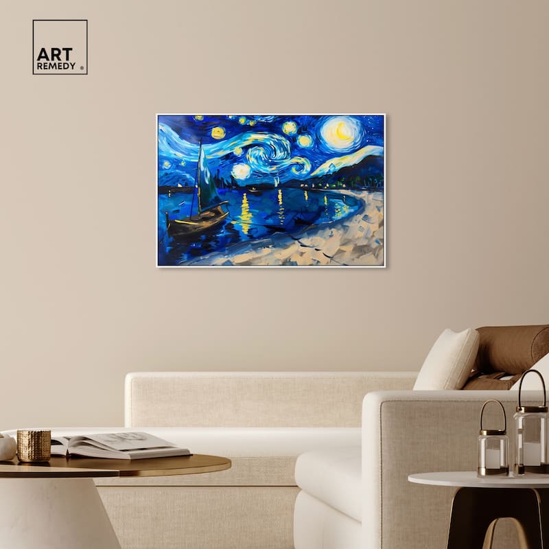 Art Remedy Whimsical Night Sail Framed Impressionism 1 Piece Canvas Wall Art /Monet And Van Gogh Inspired Art