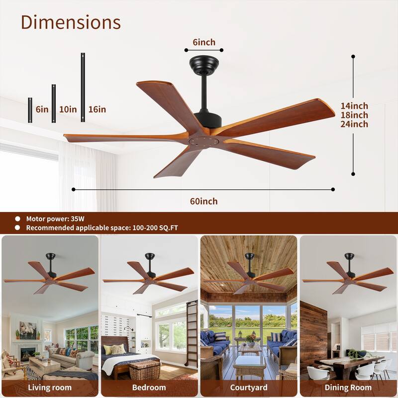 60 inch Ceiling Fan with Remote Wood Indoor Outdoor 5 Blades DC Motor with Light Patio Living Room