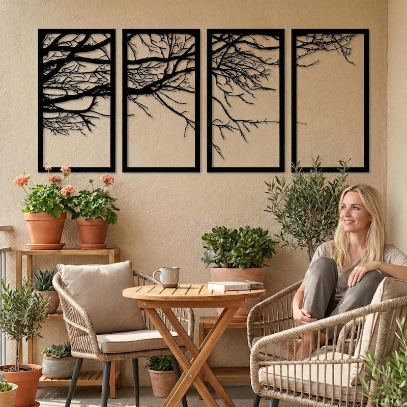 Tree of Life 4 Panels Metal Wall Decor for Home and Outside - Wall-Mounted Geometric Wall Art Decor - 39X20