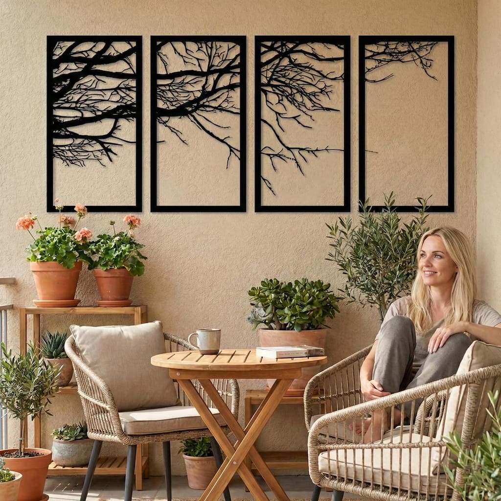 Tree of Life 4 Panels Metal Wall Decor for Home and Outside - Wall-Mounted Geometric Wall Art Decor
