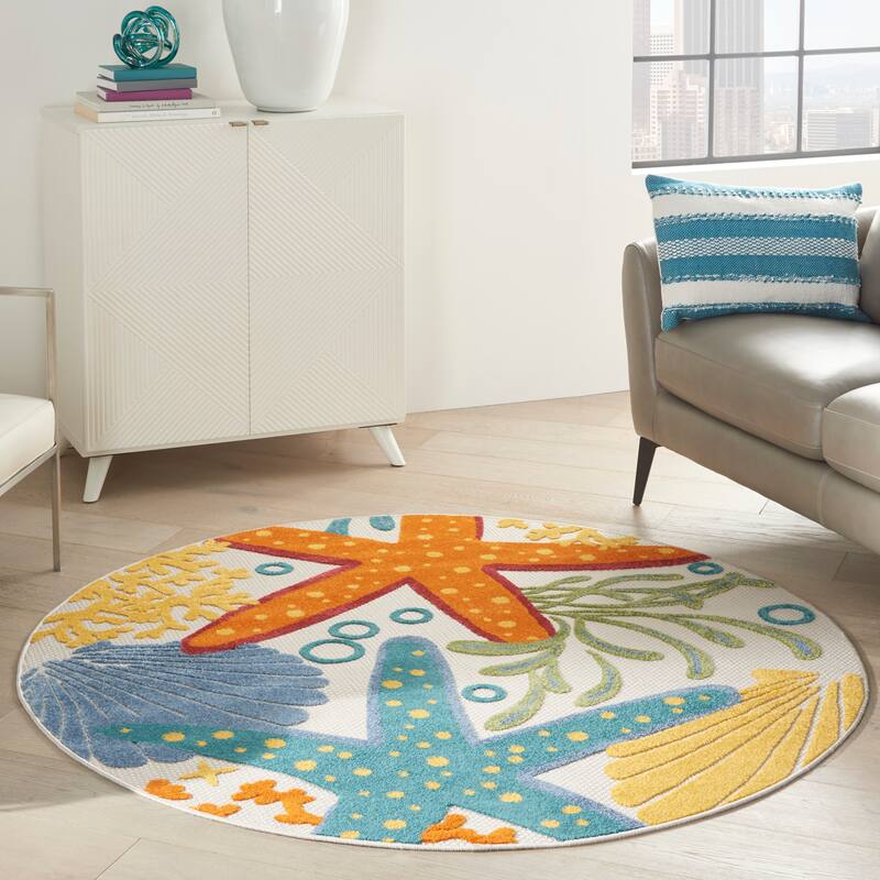 Nourison Aloha Coastal Starfish Indoor/Outdoor Area Rug - 4' Round - Blue/Orange/Yellow