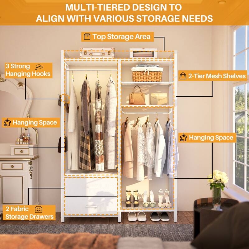 Garment Rack Heavy Duty Clothes Rack Free Standing Closet Organizer with Shelves and 2 hanging Rods