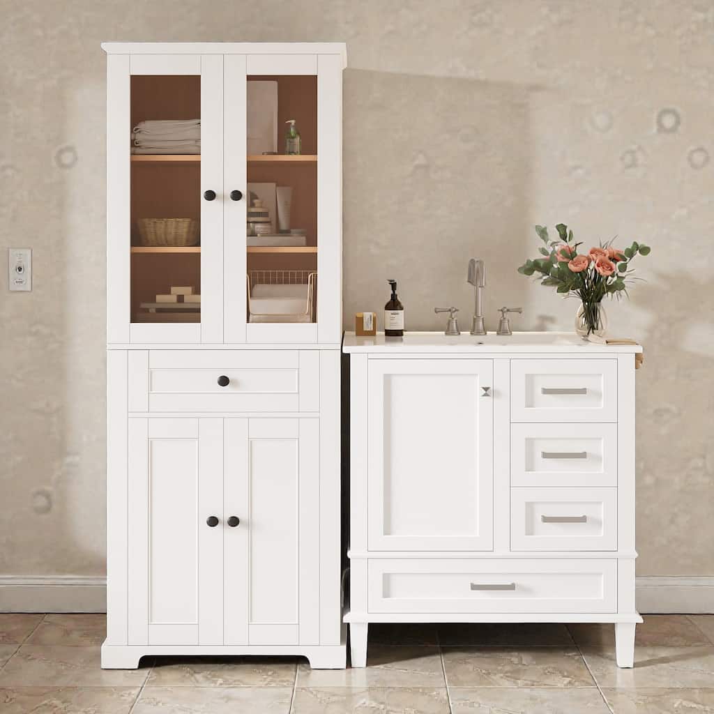 67.57" Tall Bathroom Storage Cabinet and 30" Bathroom Vanity with Sink Combo, Modern Freestanding Cabinet Set with Glass Doors