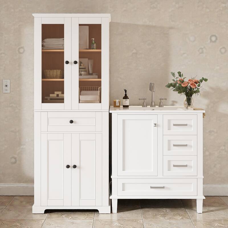 67.57" Tall Bathroom Storage Cabinet and 30" Bathroom Vanity with Sink Combo, Modern Freestanding Cabinet Set with Glass Doors - White