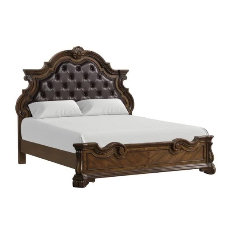 Leova King Bed, Bombay Headboard, Faux Leather Upholstery, Dark Brown