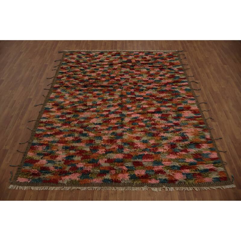 Hand Knotted Oriental 100% Wool Carpet Tribal Checkered Multi-Colored Moroccan Area Rug - 9' 10'' X 8' 1''