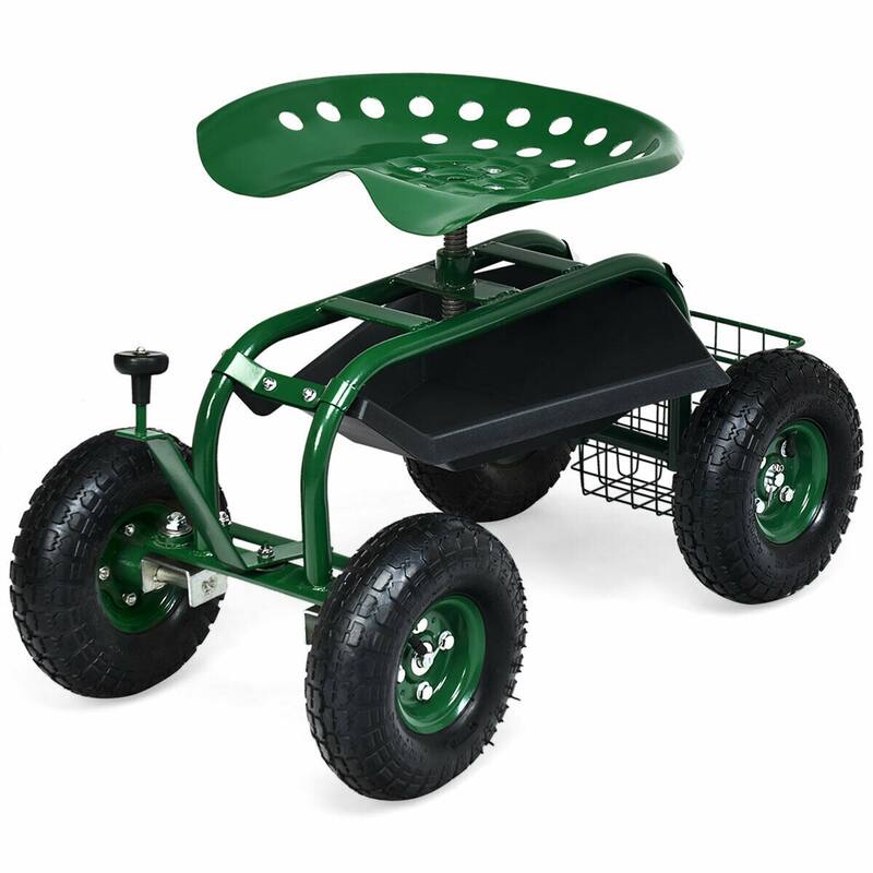 Gymax Rolling Garden Cart Scooter w/ Adjustable Seat Storage Basket