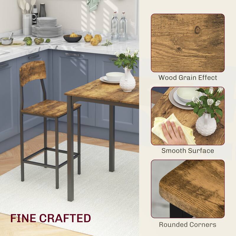 3 Piece Counter Height Bar Table and Chairs Set Industrial Small Dining Table Square Kitchen Table and Stools with Steel Frame