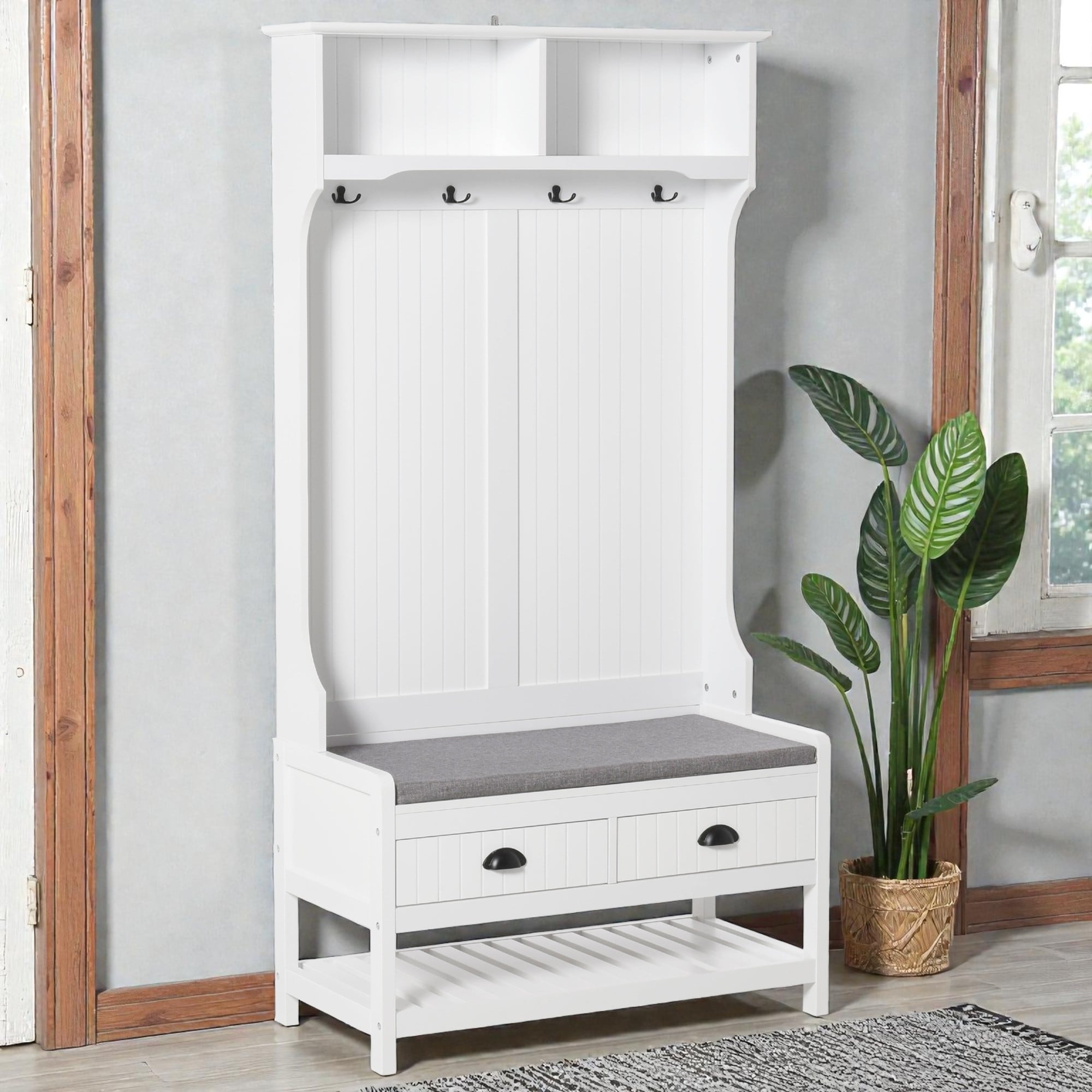 Hall Tree with Coat Rack, Storage Bench, Shoe Shelf, Hooks, Drawers, and Cushioned Seat for Entryway or Mudroom - MDF
