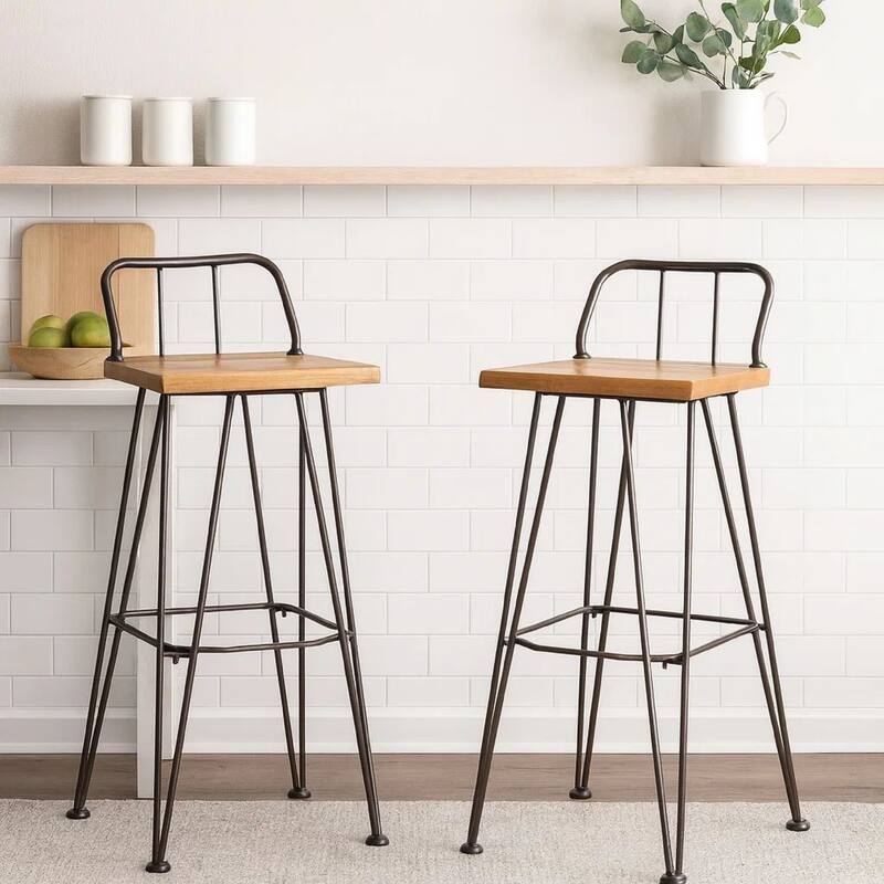 Rih Barstool Low Back Chair Set of 2, Black Metal, Brown Acacia Wood