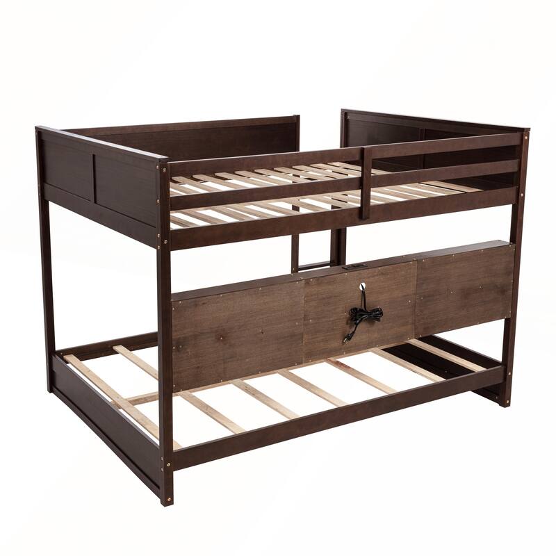Queen Over Queen Bunk Bed with Built-in Storage Cabinets and Charging Station
