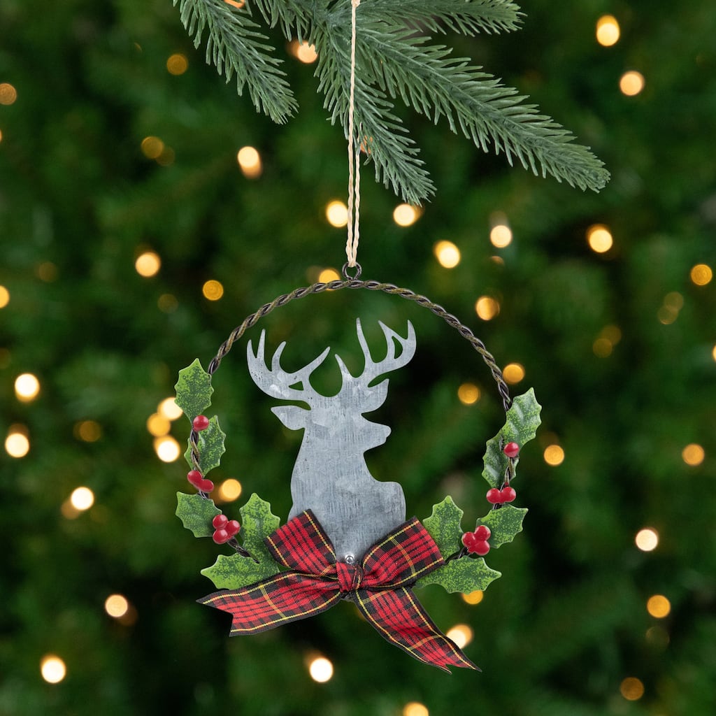 Moose with Plaid Bow Christmas Wreath Ornament - 5.5"