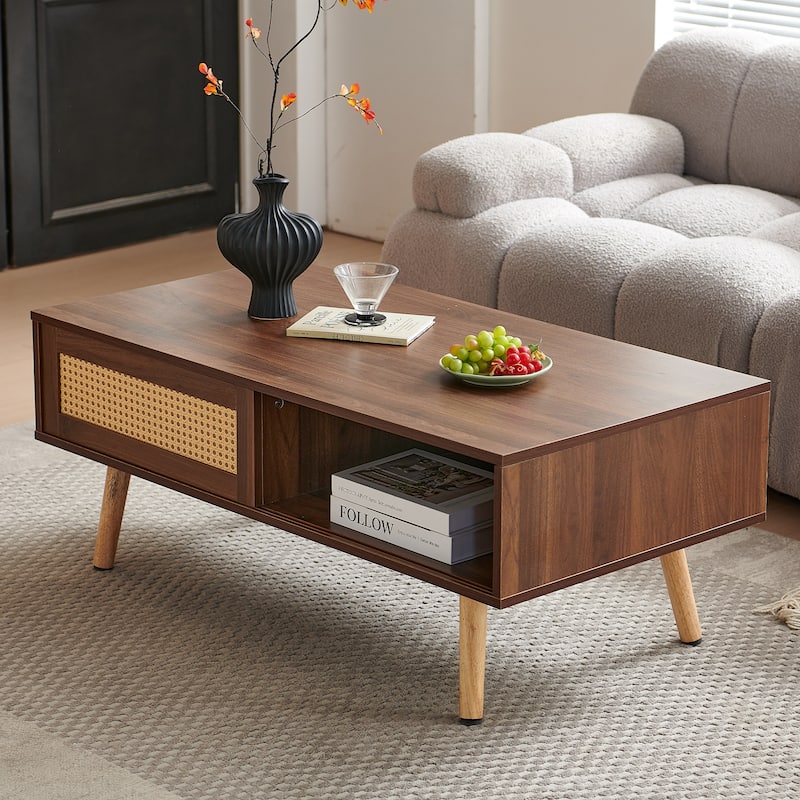 Anmytek Rattan Coffee Table with Storage Modern Walnut Living Room Centerpiece Organizer