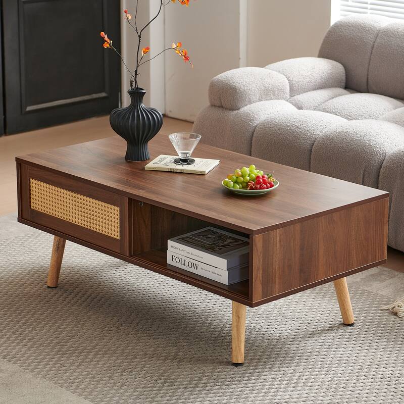 Rectangle Coffee Table with Solid Wood Legs, Sliding Drawer for Storage, Modern Table for Living Room