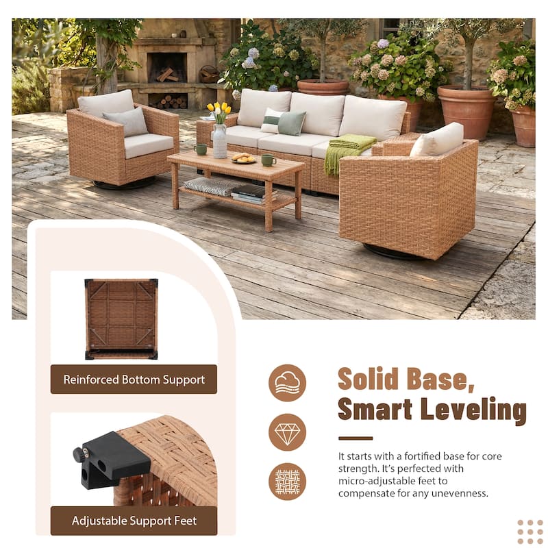 4-Piece Outdoor Conversation Set with Swivel Chair and 3-Seater Sofa with Soft Cushion and Coffee Tables PE Wicker Rattan