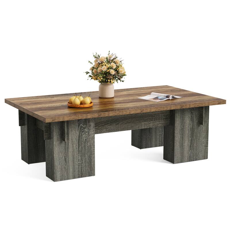 Rectangle Coffee Table, 55'' Farmhouse Center Cocktail Table with Thick Legs