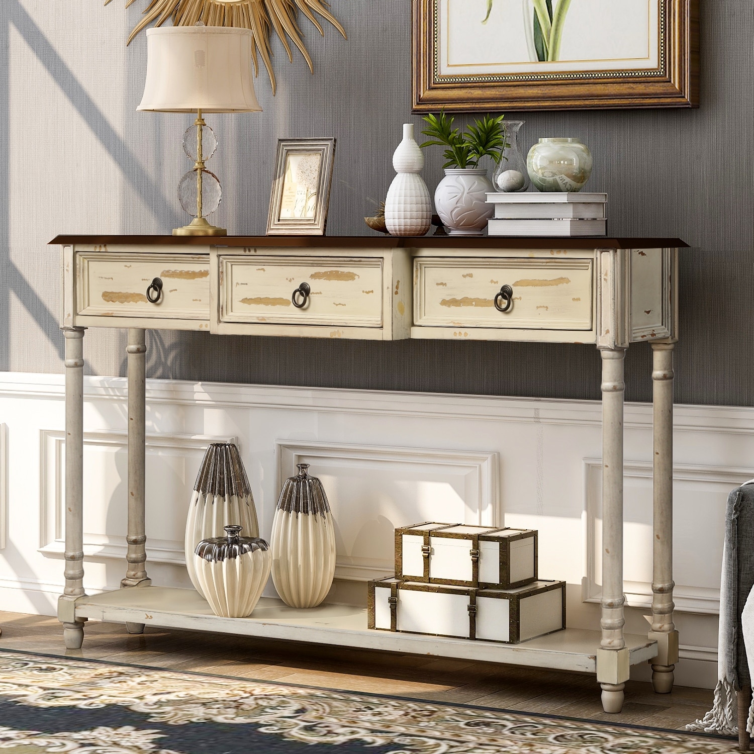 Cozayh rustic console table with 2 store drawers entryway hallway farmhouse country style