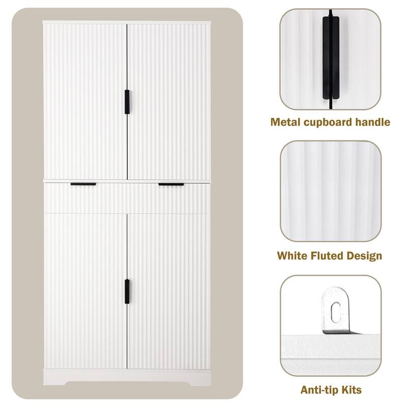 72" Fluted Kitchen Pantry Cabinet, Freestanding Cupboard Storage Cabinet with Drawers and Adjustable Shelves