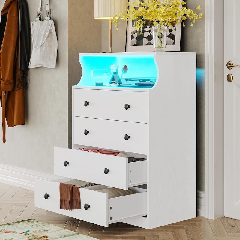 Dresser Charging Station 4 Drawers LED Dresser for Bedroom