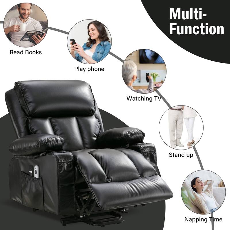 Power Lift Faux Leather Recliner Chair with Massage, Heat, USB Port, and Dual Storage Pockets