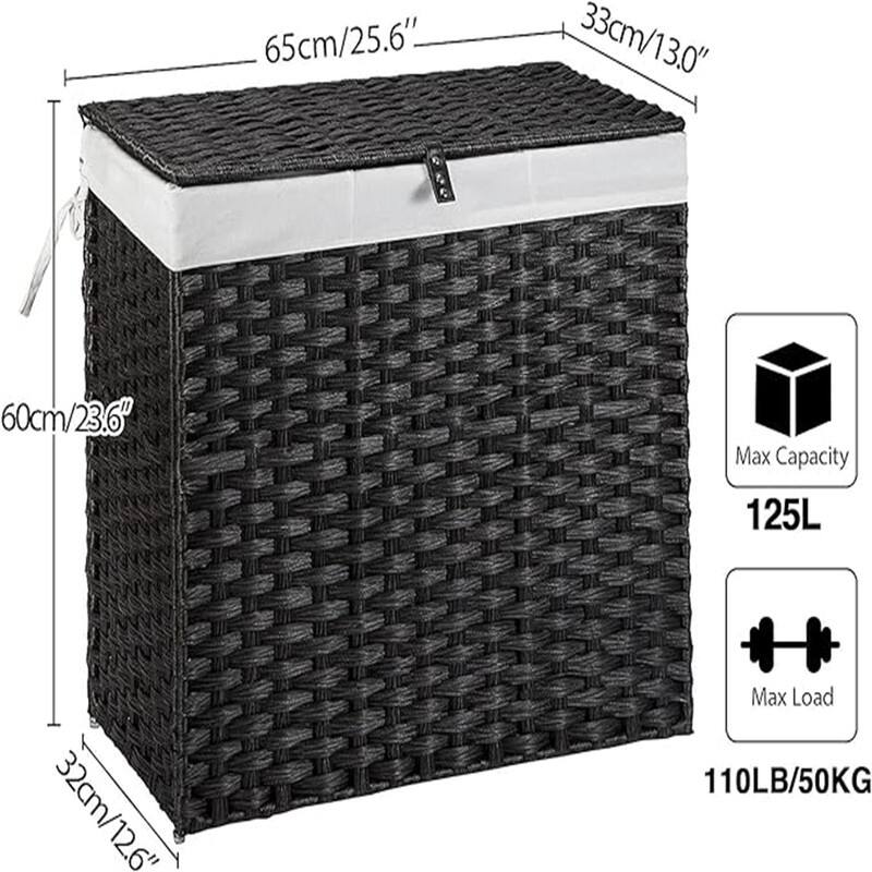 Laundry Hamper with Lid, 125L Large Clothes Hamper with 3-Section and 2-Section - 25.6"L x 13"W x 23.6"H